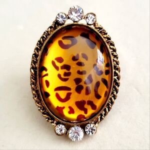 Women's Large Stretch Statement Ring Oval Glass Leopard Print Crystals & Bezel